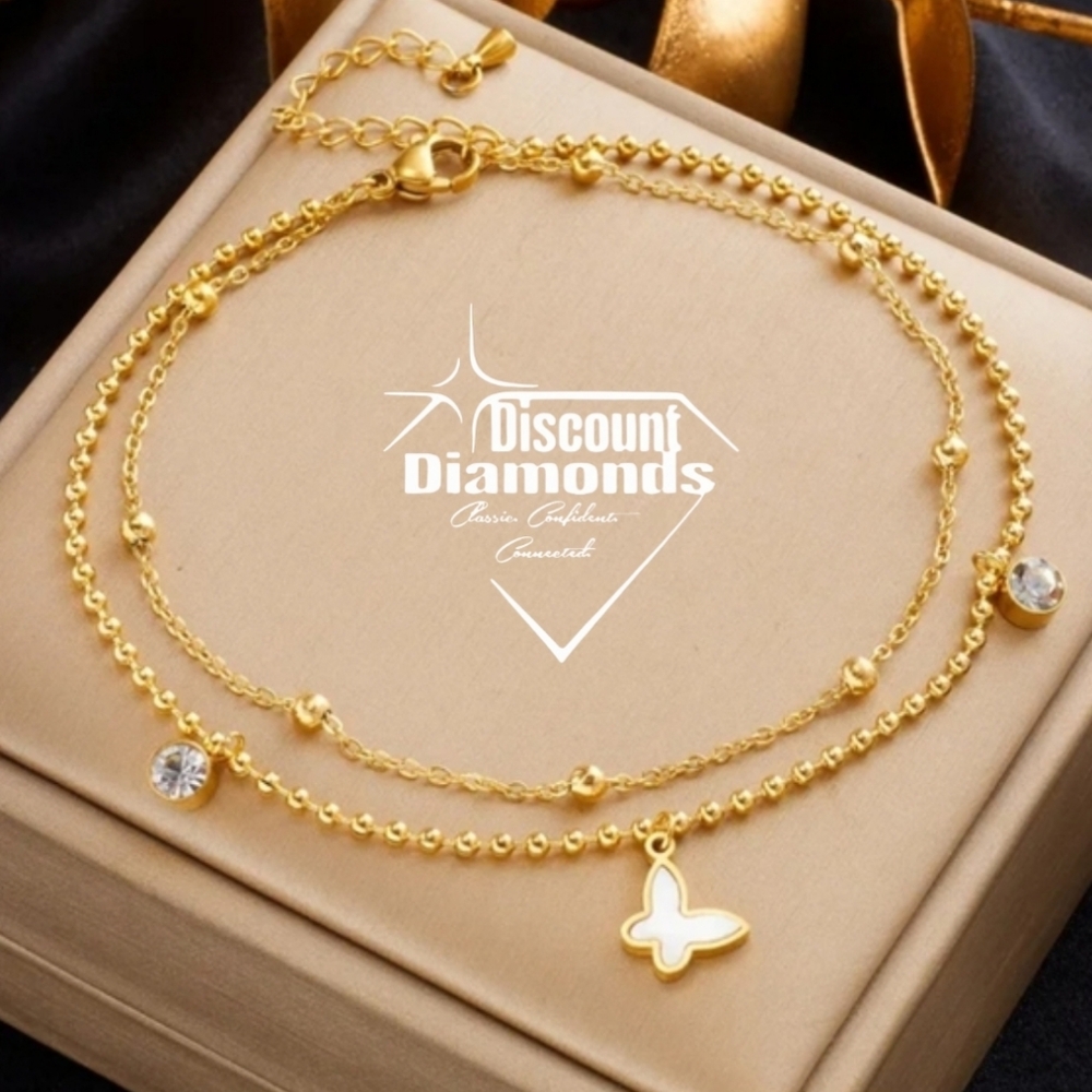 Anklet 18K Gold Titanium White Butterfly & White Zircon Ankle Bracelet